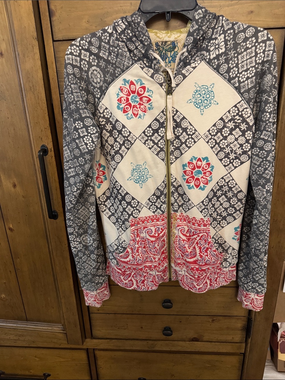 Billabong Women's Patchwork Bomber Jacket in Gray, Cream & Red